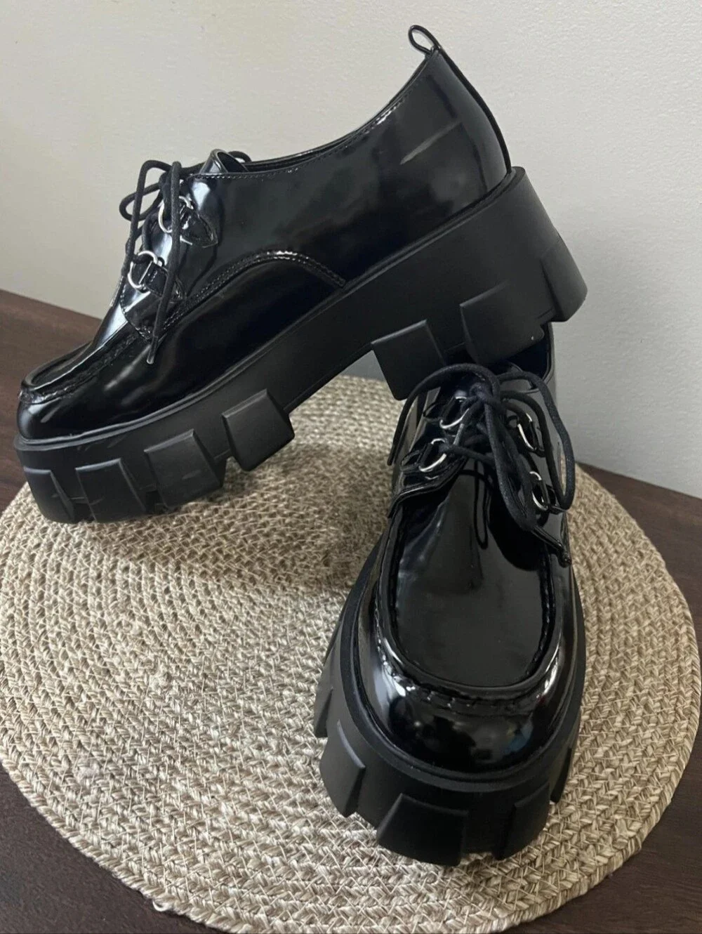 Just Fab Y2K 90's Black Lace-up Lug Heel Platform Chunky Loafers Womens Size 11